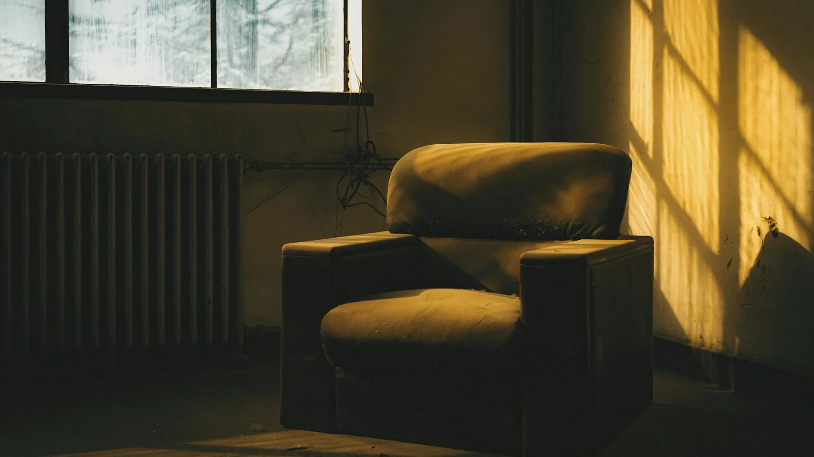 Fauteuil ocre près d'une fenêtre, lumière dorée de fin de journée sur le mur