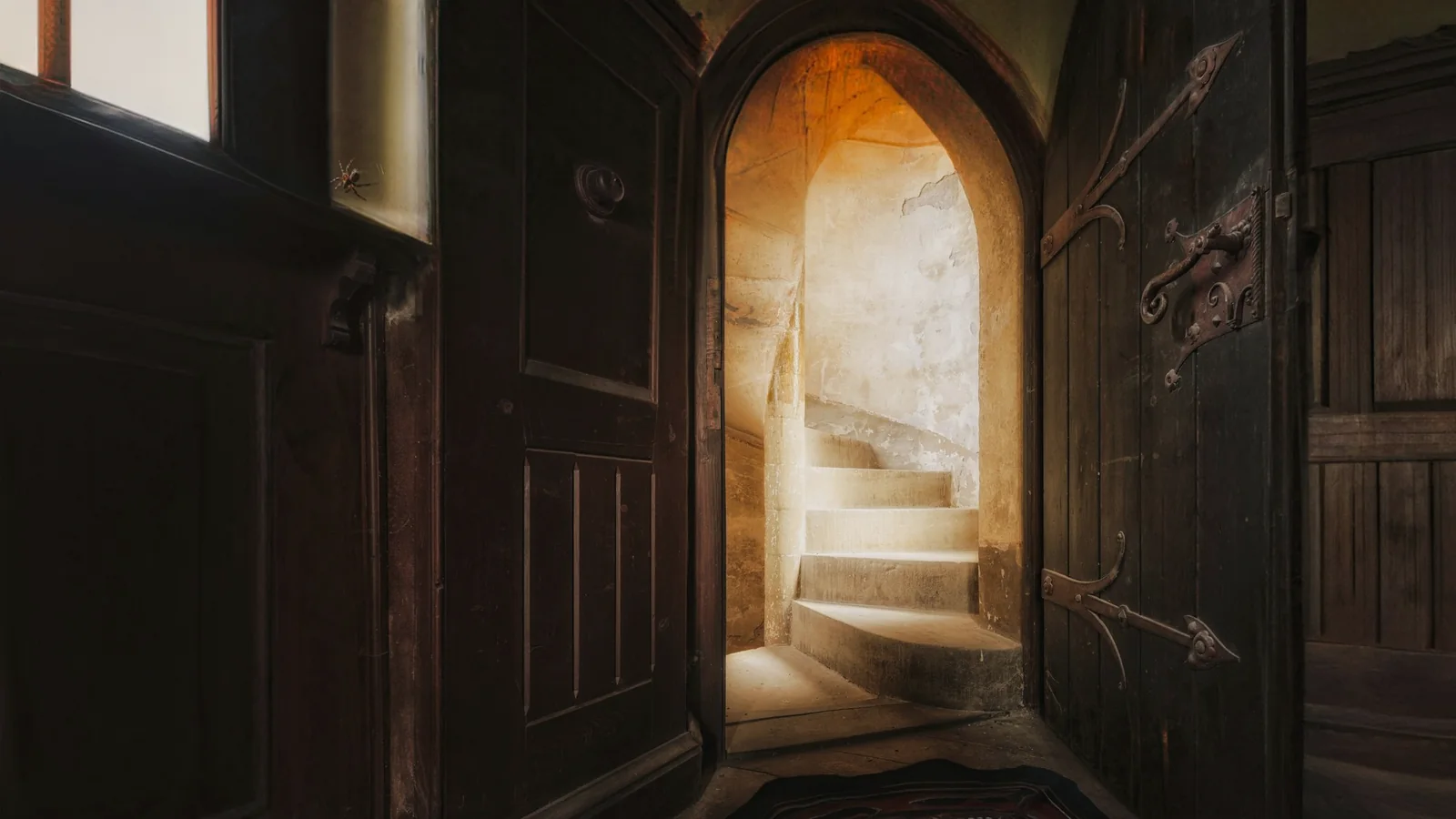 Porte ouverte en bois sombre sur un escalier en pierre baigné de lumière chaude